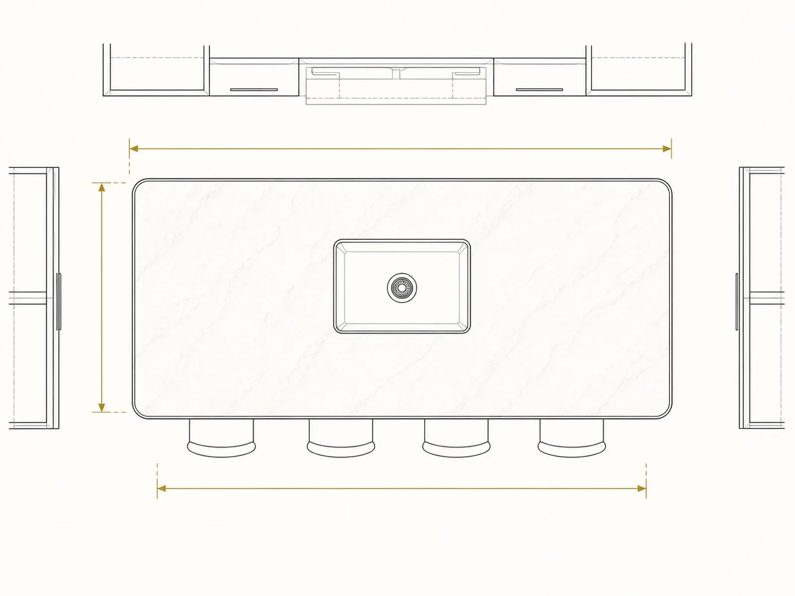 Kitchen countertop layout drawing showing an island, sink, cabinet runs, dimensions, and elevations