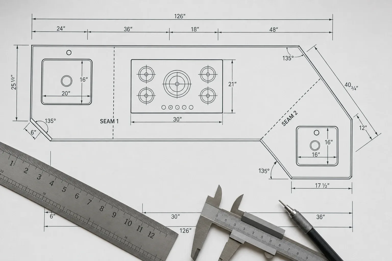 Close-up of a countertop fabrication drawing showing piece layout, dimensions, and seam locations