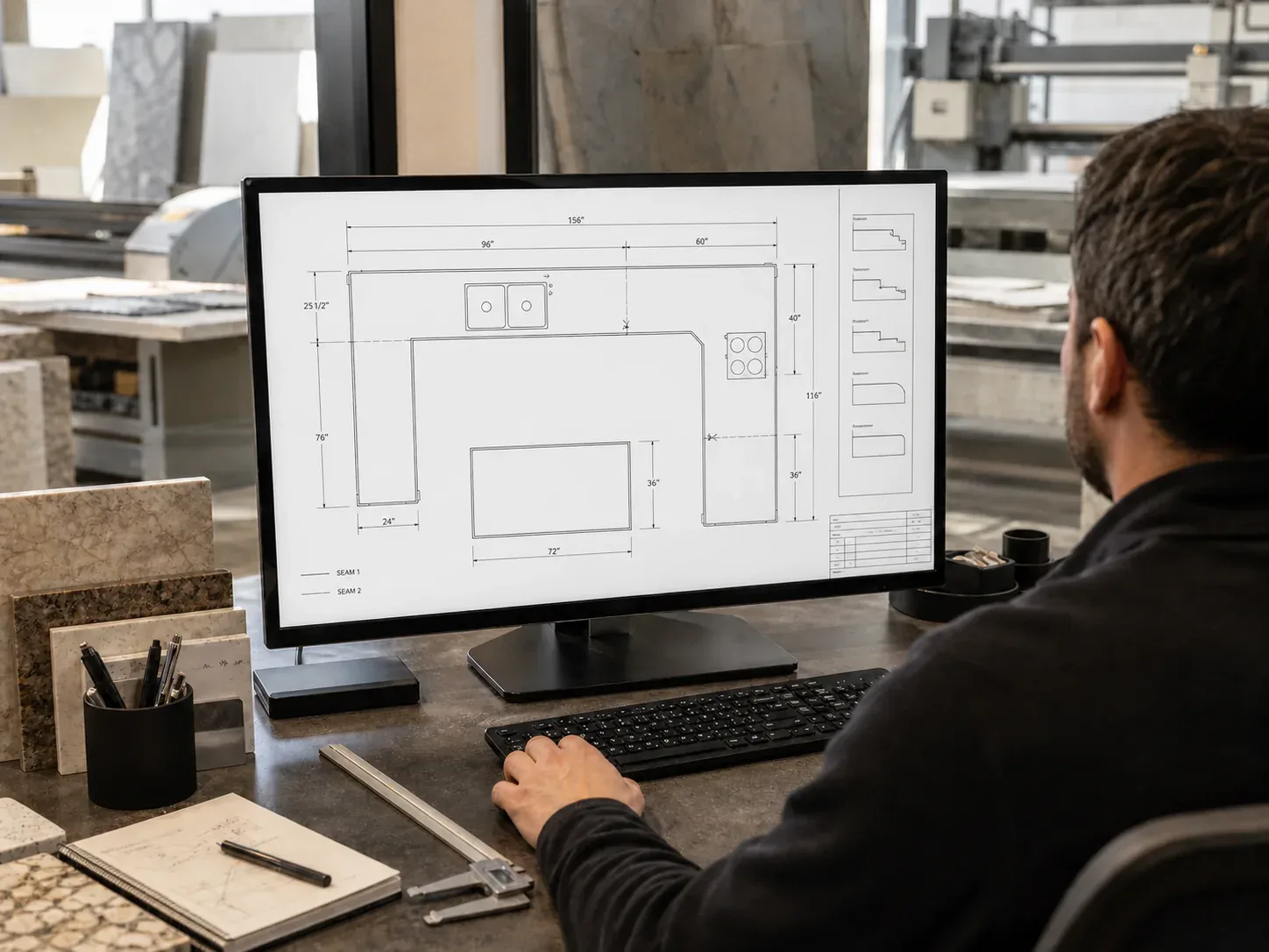 CAD technician reviewing a countertop fabrication drawing in the Artelye workshop
