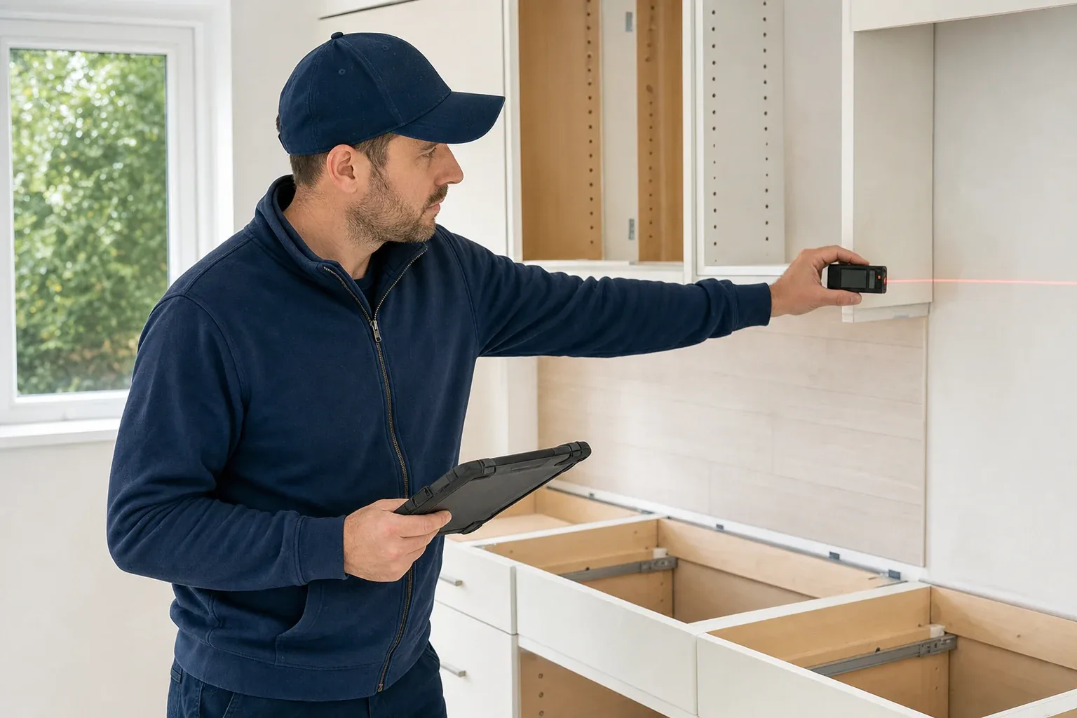 Artelye technician using a professional digital measuring system in an unfinished kitchen