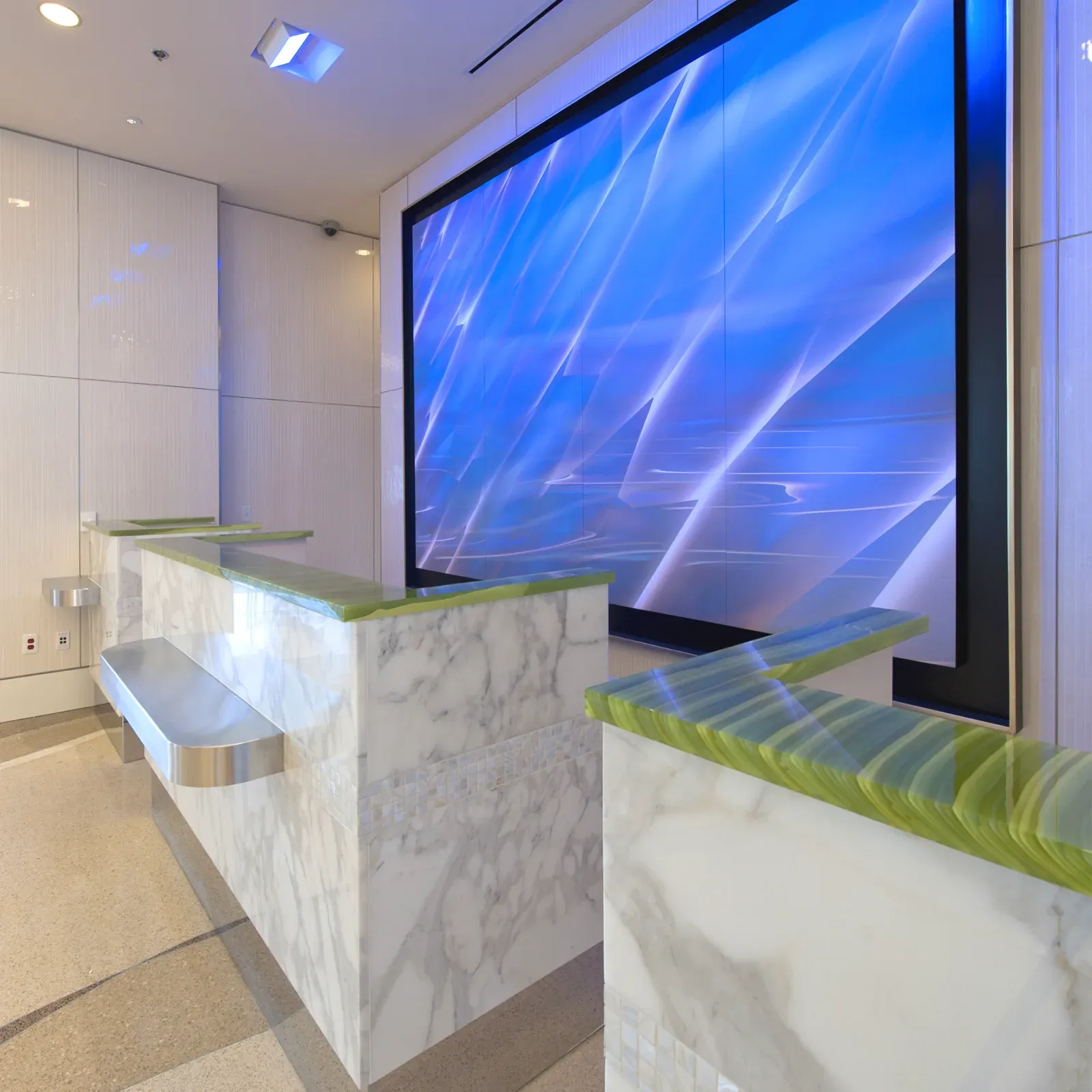 Illuminated stone feature wall at Potomac Yard