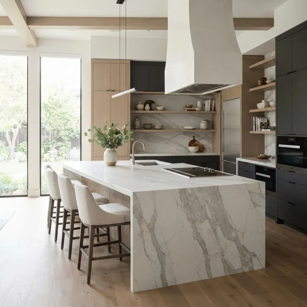 White waterfall island with gray veining continuing down the end panel