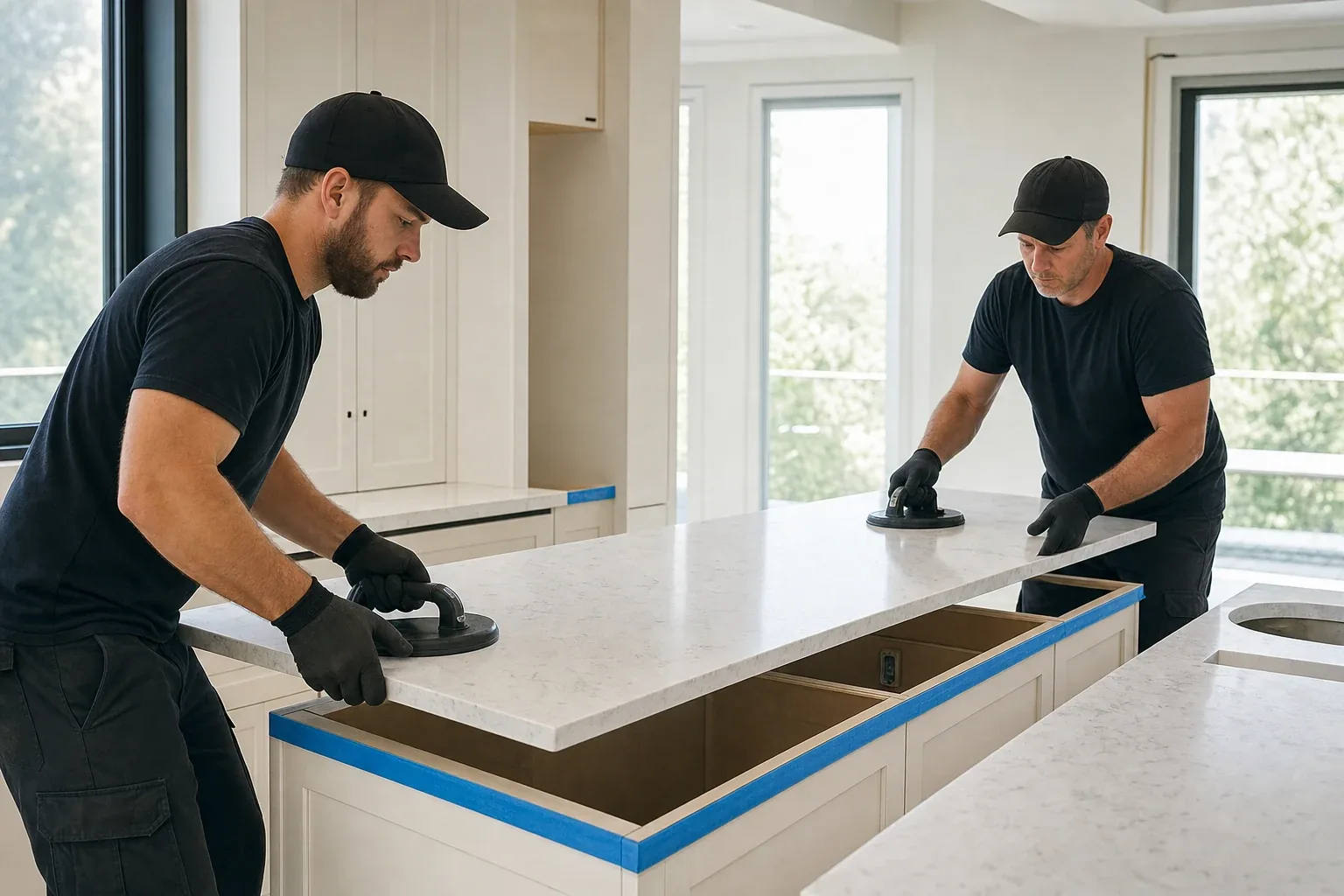 Two installers carefully lowering a new quartz countertop slab into place with lifting handles