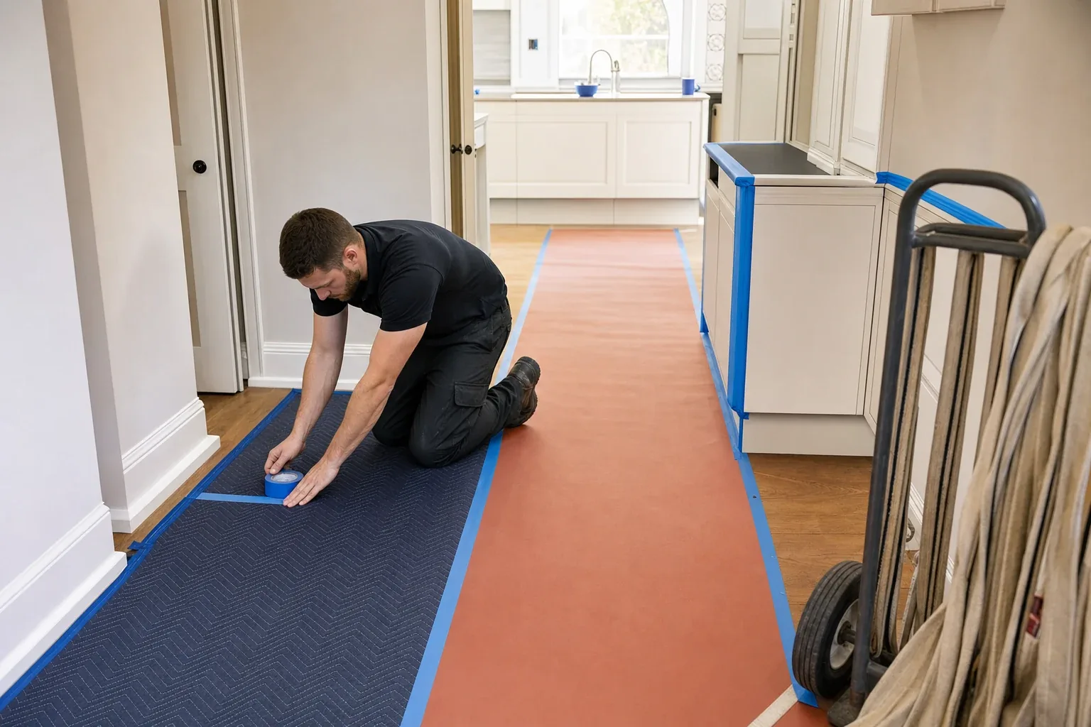 Installer taping down floor and cabinet protection along a clear access route before installation