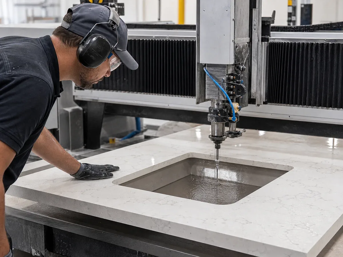 CNC equipment fabricating a precise sink cutout in a stone countertop