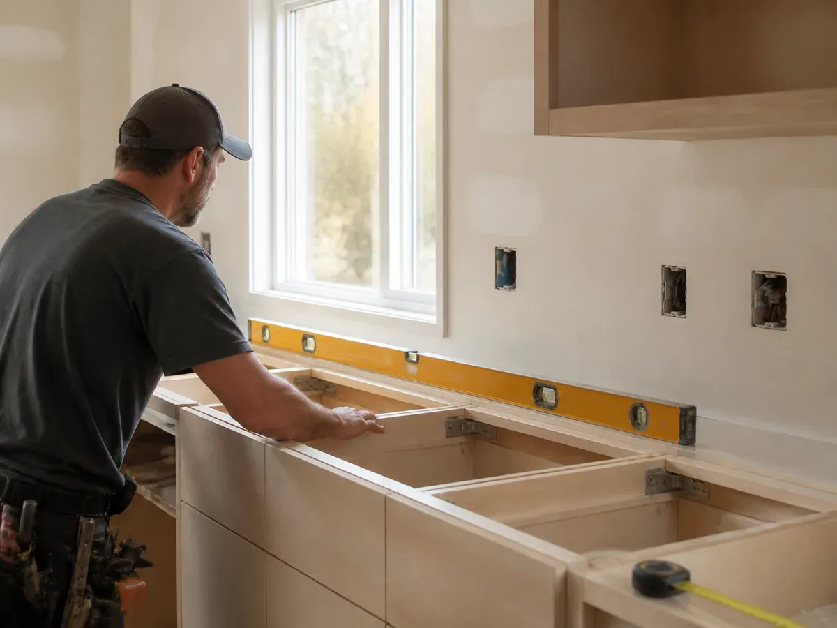 Installer checking that a cabinet run is level and ready for a countertop