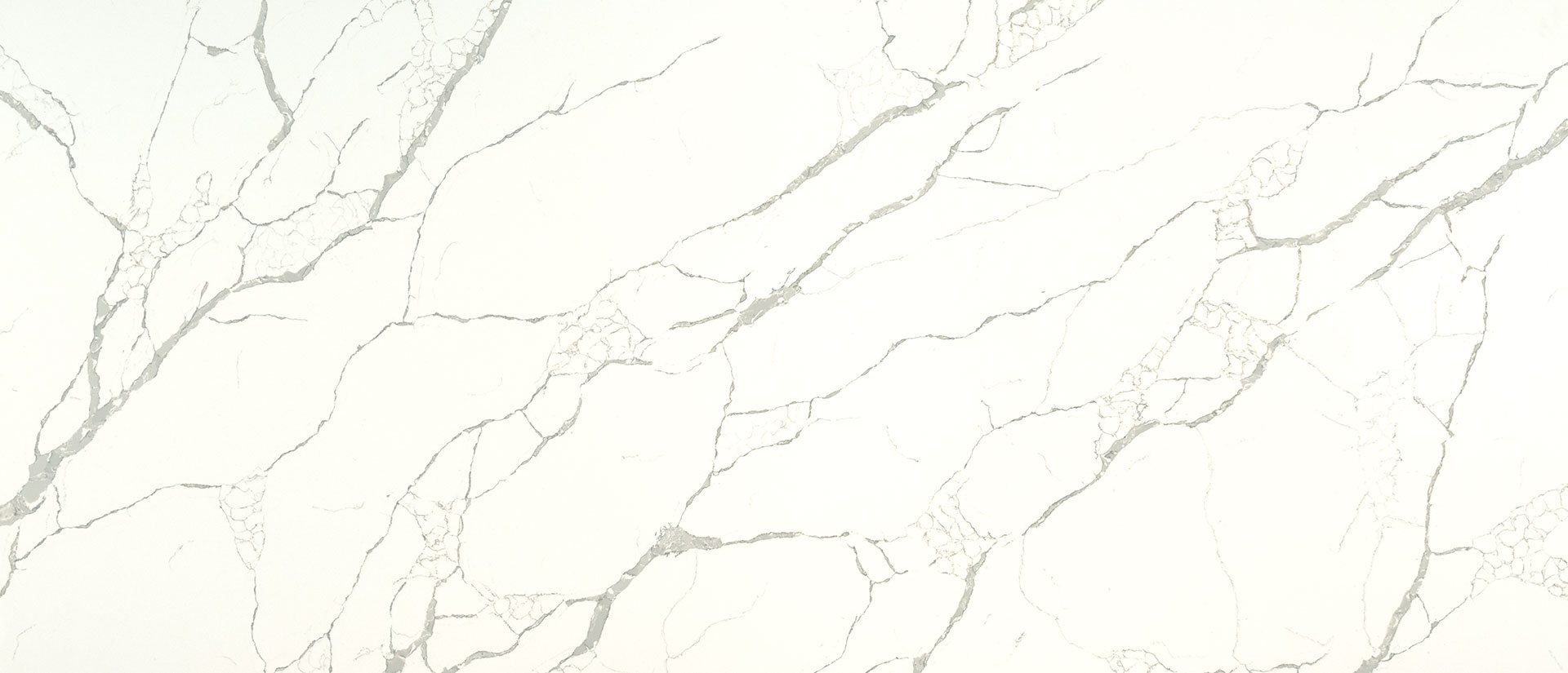 White quartz surface with bold warm gray veining