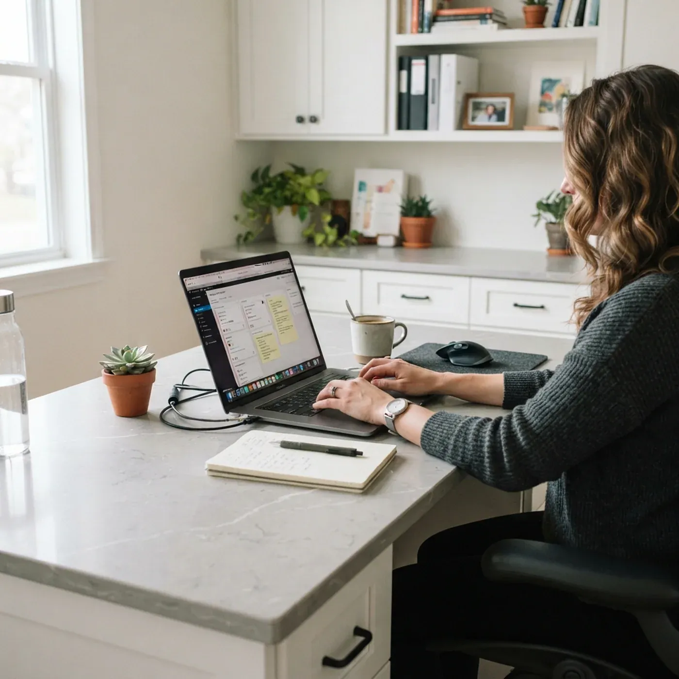 Woman working on a laptop at a stone kitchen island