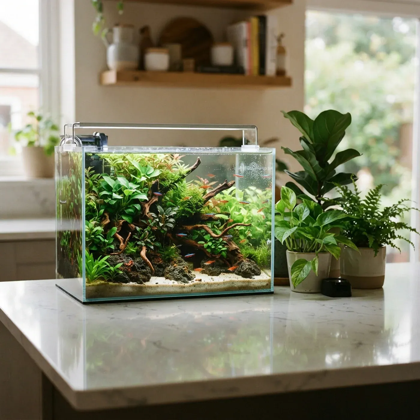 Planted aquarium displayed on a stone countertop in a bright interior