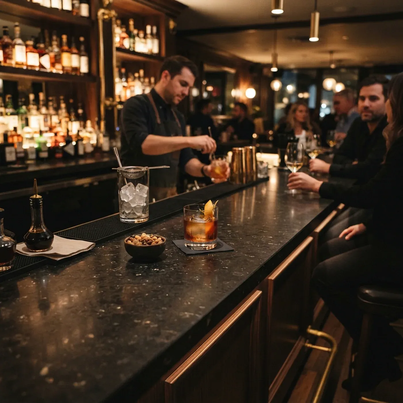 Bartender serving drinks from a dark stone bar