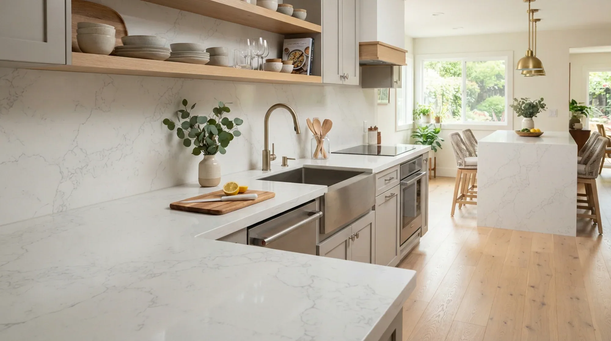 Bright kitchen with a full-height stone backsplash and waterfall island