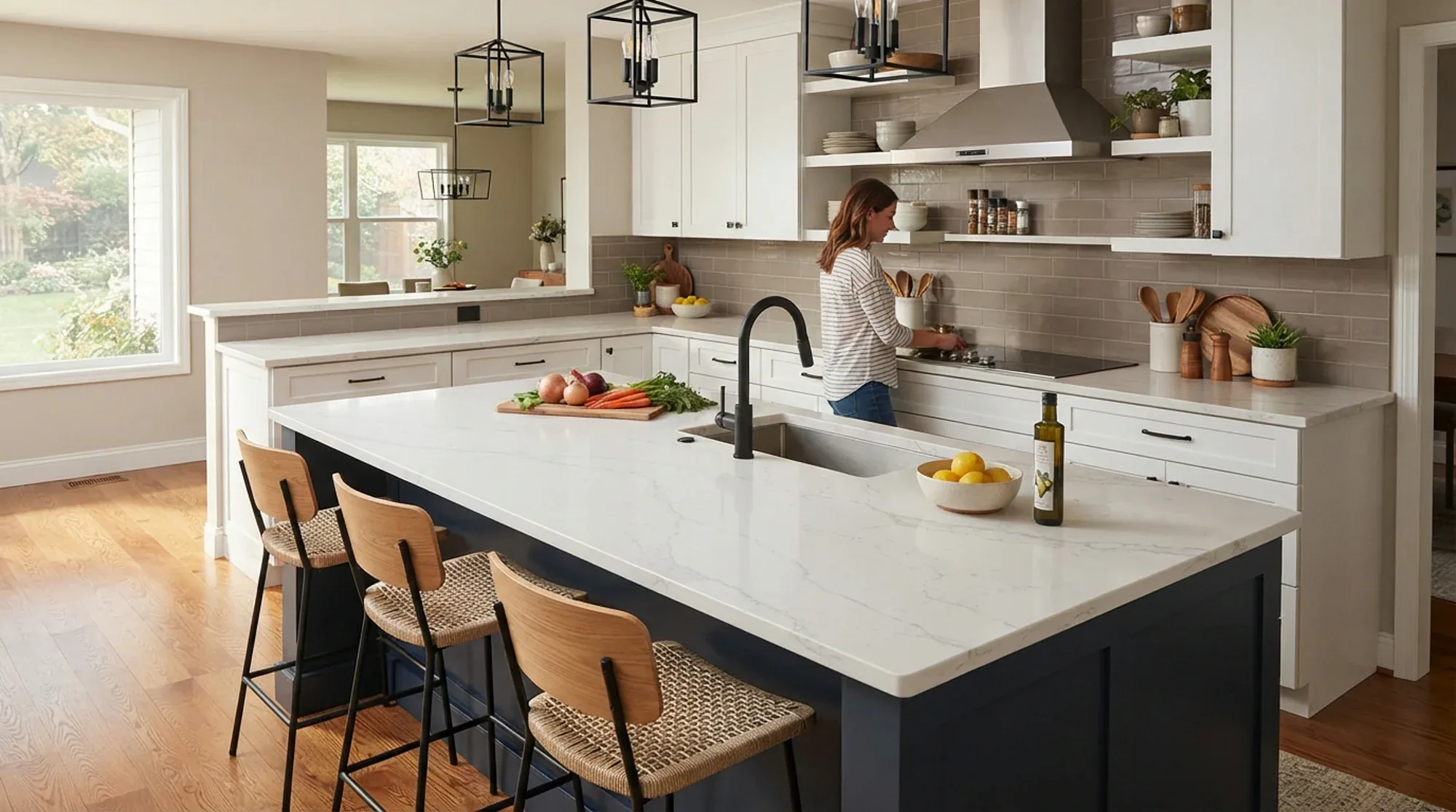 Bright residential kitchen with quartz countertops and a full-height backsplash