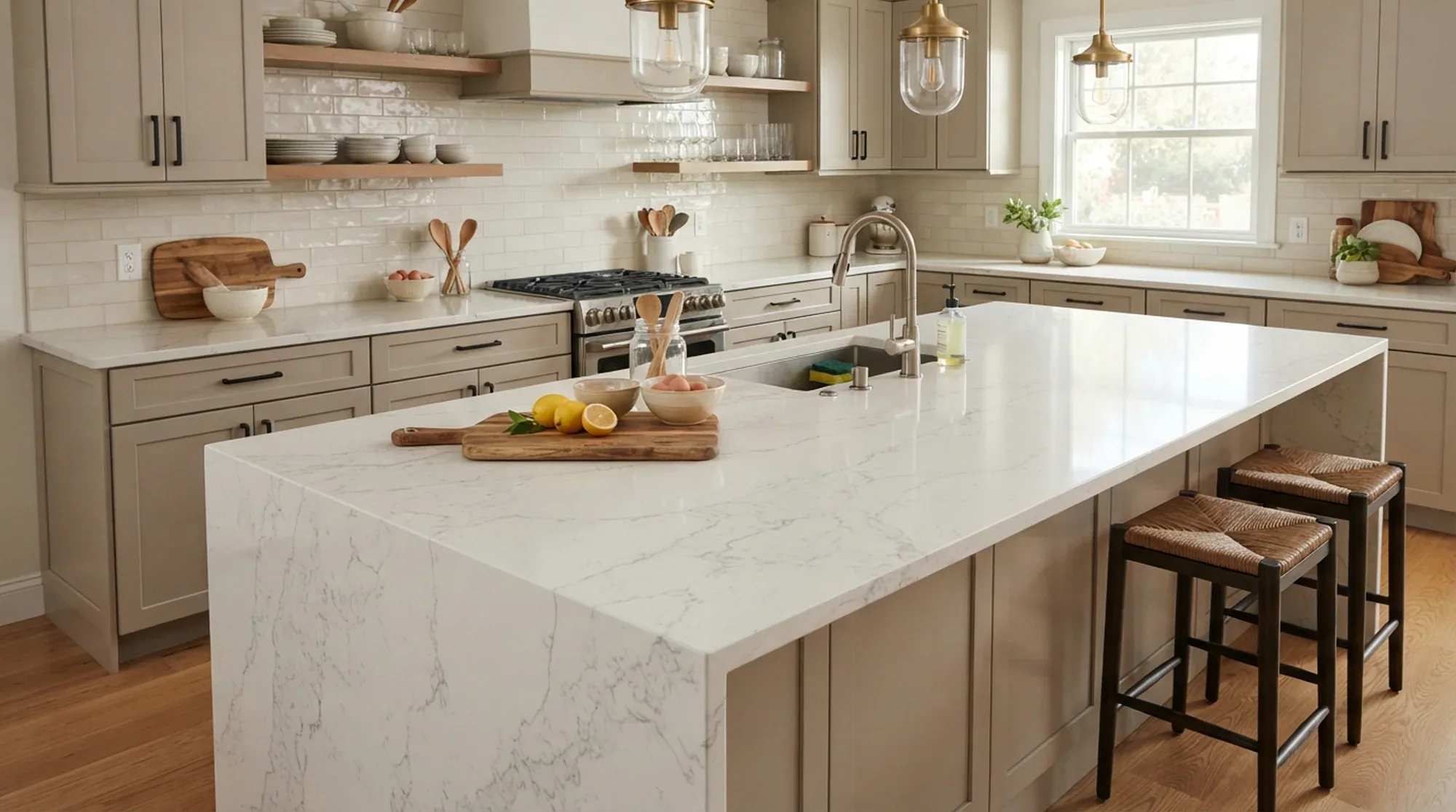 Custom home kitchen with a large stone island and coordinated cabinetry