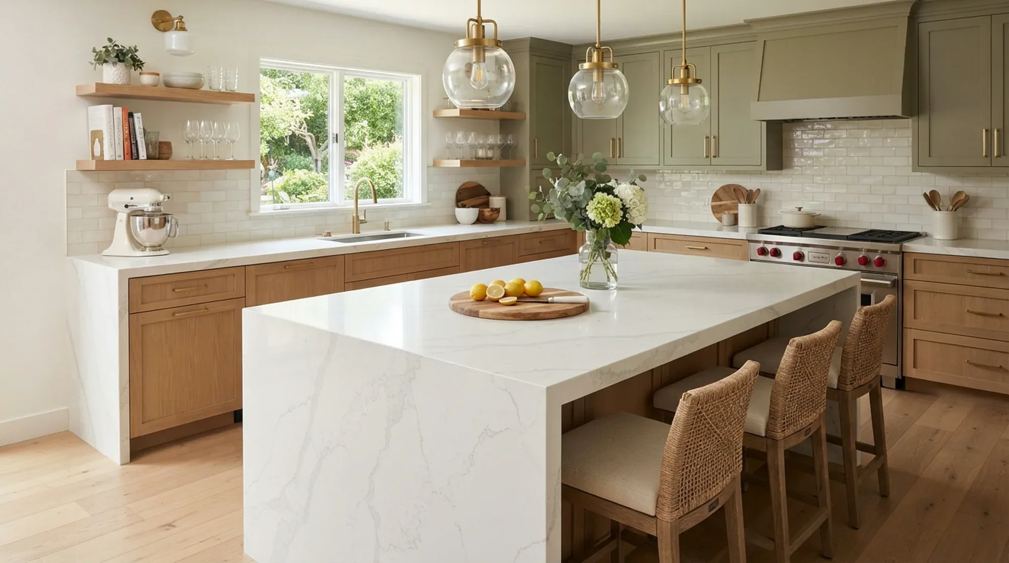 Finished kitchen with a bright stone island, backsplash, and coordinated cabinetry