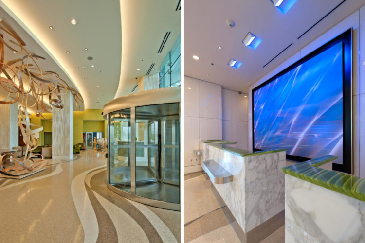 two commercial building lobbies side by side with tile floors and granite counters