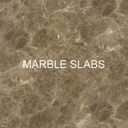 A close-up of a brown marble slab with white veining. The text 'MARBLE SLABS' is visible.